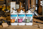 Load image into Gallery viewer, 4 litre Clear Polyvine Interior and Exterior Decorator's Varnish in Dead Flat, Satin and Gloss on a workshop bench
