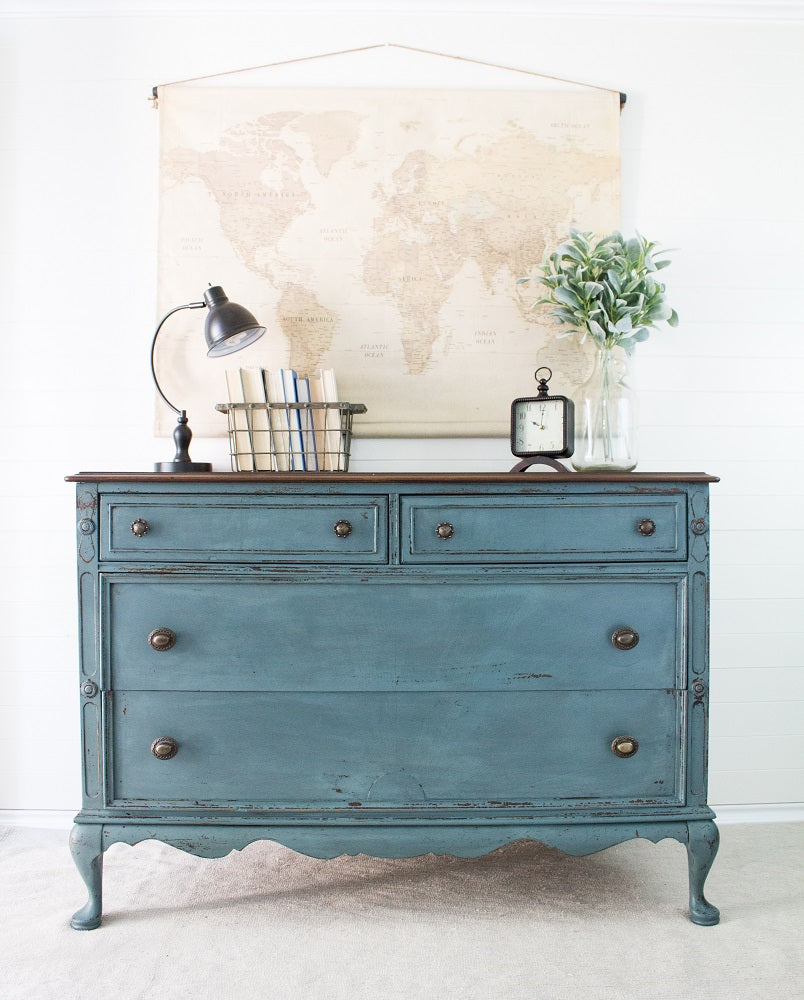 Homestead House Milk Paint Quaker Blue painted curvy chest of drawers