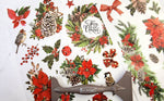 Load image into Gallery viewer, Close up of Classic Christmas Redesign with Prima transfer featuring poinsettias, fir, holly and ivy wreaths and garlands, bows, lanterns, stars and bells in traditional red and green
