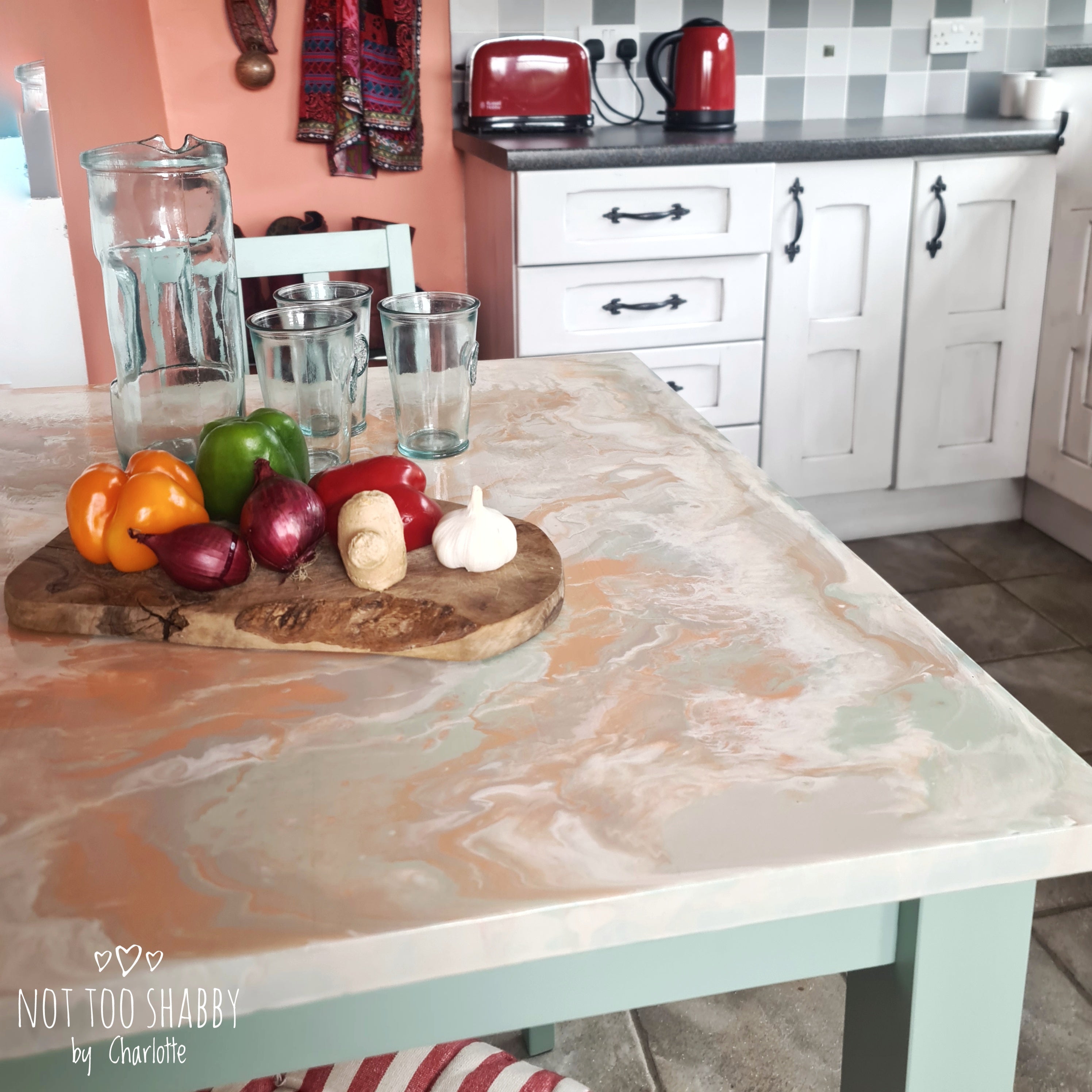 Coral and mint pouring resin kitchen table